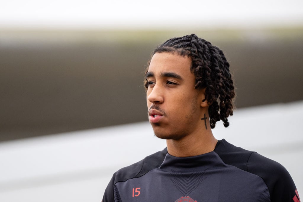 Leny Yoro of Manchester United trains during the UEFA Europa League 2024/25 League Phase MD4 training and press conference at Carrington Training