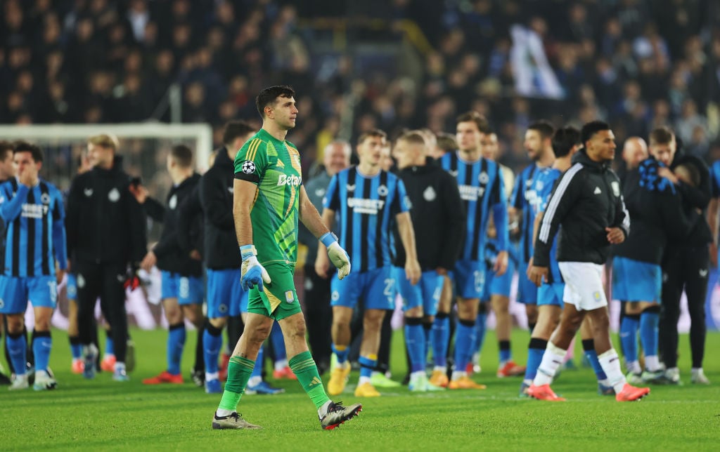 Emiliano Martinez of Aston Villa looks dejected after the team's defeat in the UEFA Champions League 2024/25 League Phase MD4 match between Club Br...