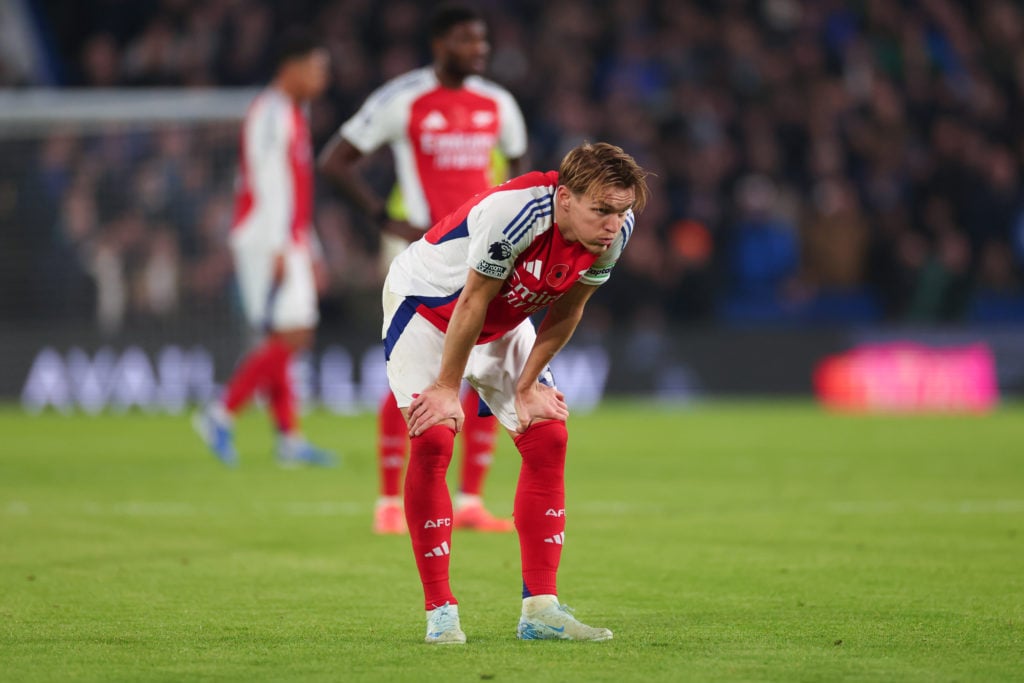 Martin Odegaard of Arsenal reacts during the Premier League match between Chelsea FC and Arsenal FC at Stamford Bridge on November 10, 2024 in Lond...