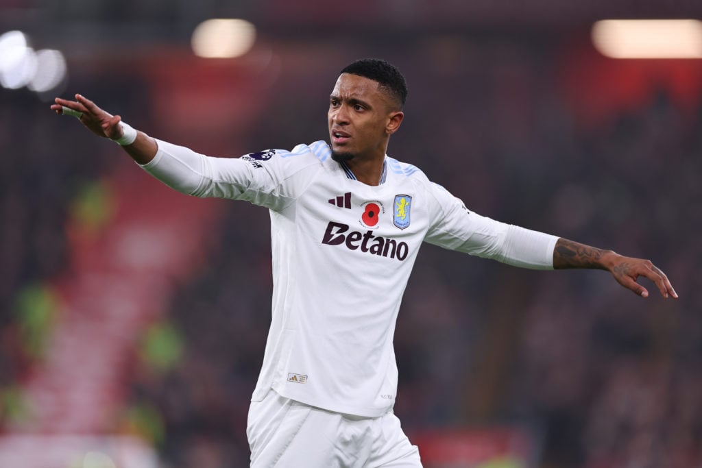 Ezri Konsa of Aston Villa during the Premier League match between Liverpool FC and Aston Villa FC at Anfield on November 9, 2024 in Liverpool, Engl...