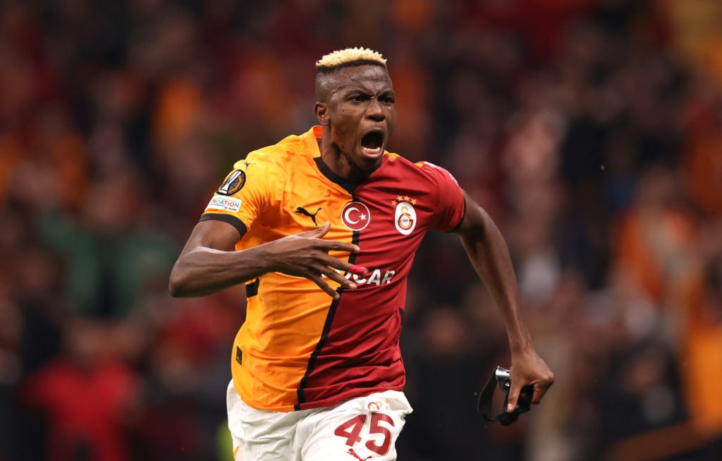 Victor Osimhen of Galatasaray celebrates scoring his team's second goal during the UEFA Europa League 2024/25 League Phase MD4 match between Galata...