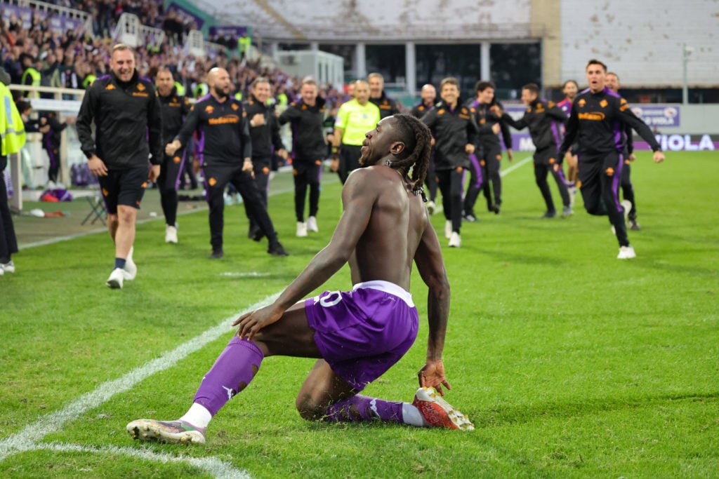 Moise Kean of ACF Fiorentina celebrates after scoring his team's goal during the Italian Serie A football match between ACF Fiorentina and Hellas V...