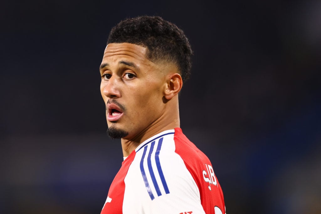 William Saliba of Arsenal during the Premier League match between Chelsea FC and Arsenal FC at Stamford Bridge on November 10, 2024 in London, Engl...