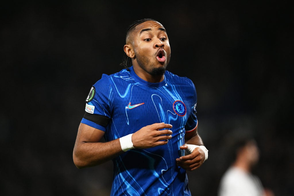 Christopher Nkunku of Chelsea celebrates scoring his team's seventh goal during the UEFA Conference League 2024/25 League Phase MD3 match between C...