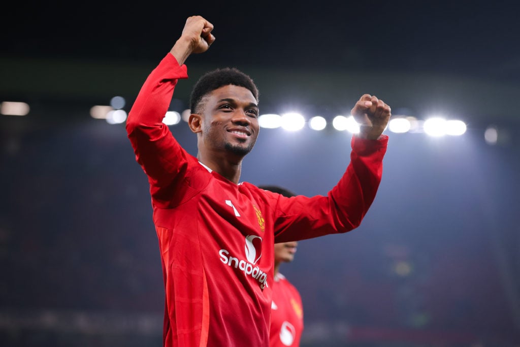 Amad Diallo of Manchester United celebrates after the UEFA Europa League 2024/25 League Phase MD4 match between Manchester United and PAOK FC at Ol...