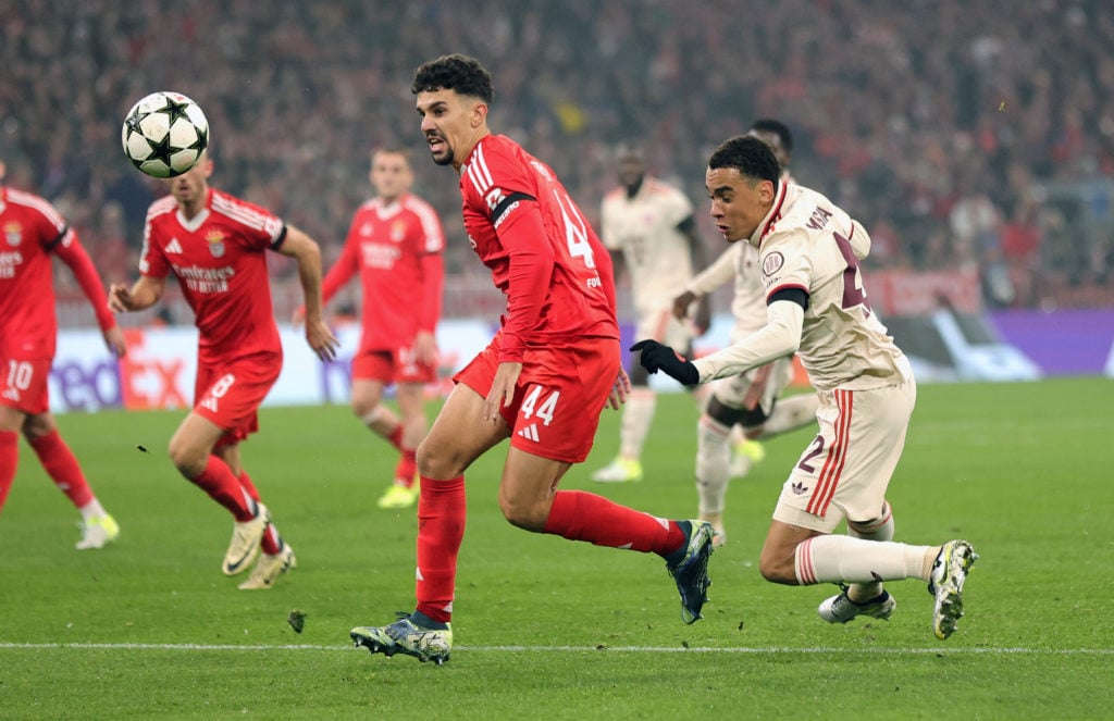 Tomas Araujo of SL Benfica (L) and Jamal Musiala of FC Bayern München compete for the ball ahead of the UEFA Champions League 2024/25 League Phase ...