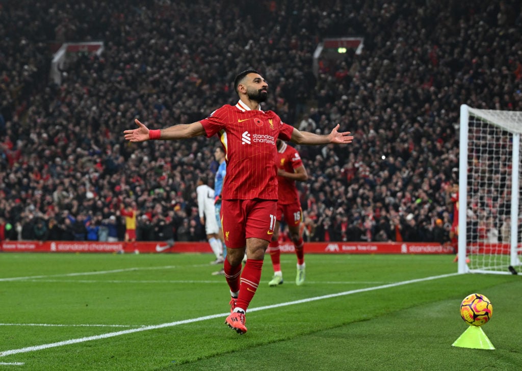 (THE SUN OUT, THE SUN ON SUNDAY OUT) Mohamed Salah of Liverpool celebrating after scoring the second goal during the Premier League match between L...