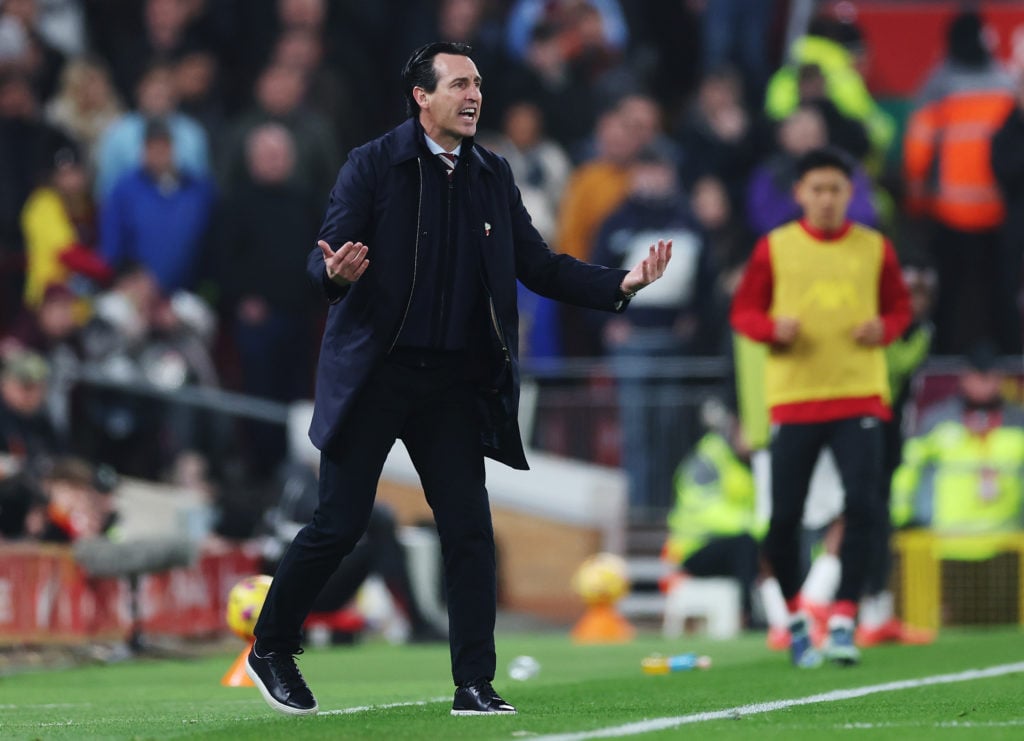 Unai Emery, Manager of Aston Villa, reacts during the Premier League match between Liverpool FC and Aston Villa FC at Anfield on November 09, 2024 ...