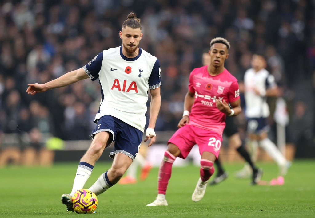 Radu Dragusin of Tottenham Hotspur controls the ball during the Premier League match between Tottenham Hotspur FC and Ipswich Town FC at Tottenham ...