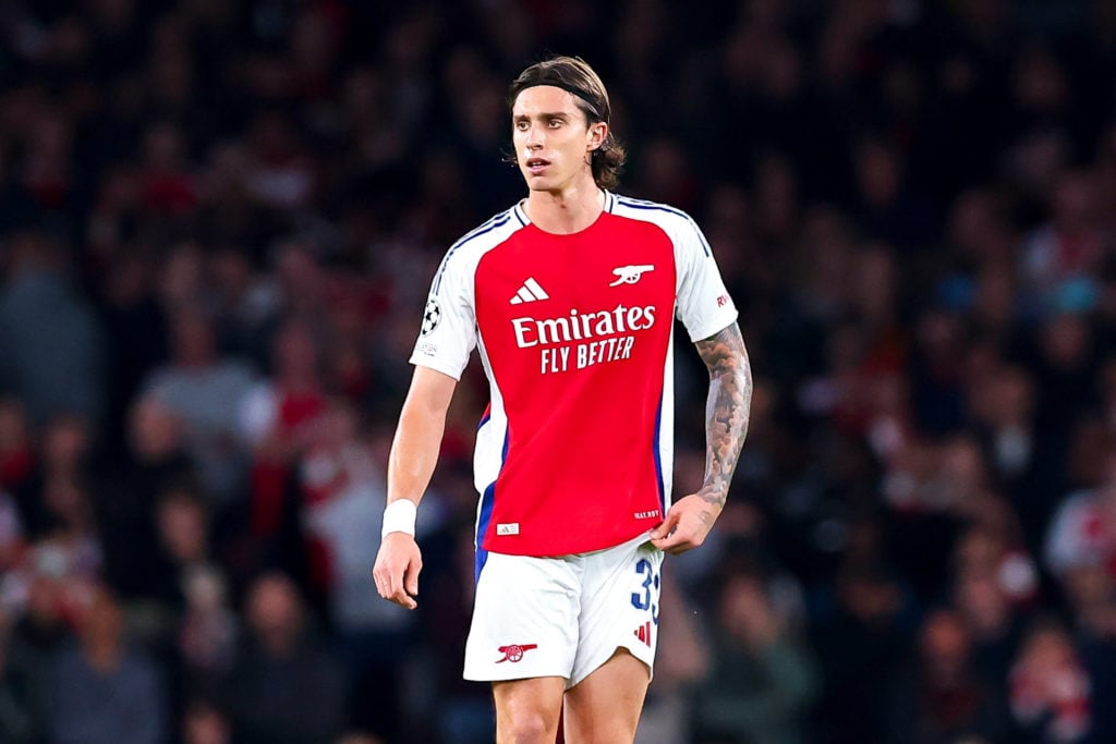 Riccardo Calafiori of Arsenal during the UEFA Champions League 2024/25 League Phase MD3 match between Arsenal FC and FC Shakhtar Donetsk at Emirate...