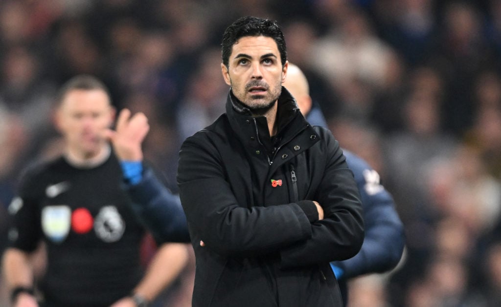 Mikel Arteta, Manager of Arsenal, looks on during the Premier League match between Chelsea FC and Arsenal FC at Stamford Bridge on November 10, 202...