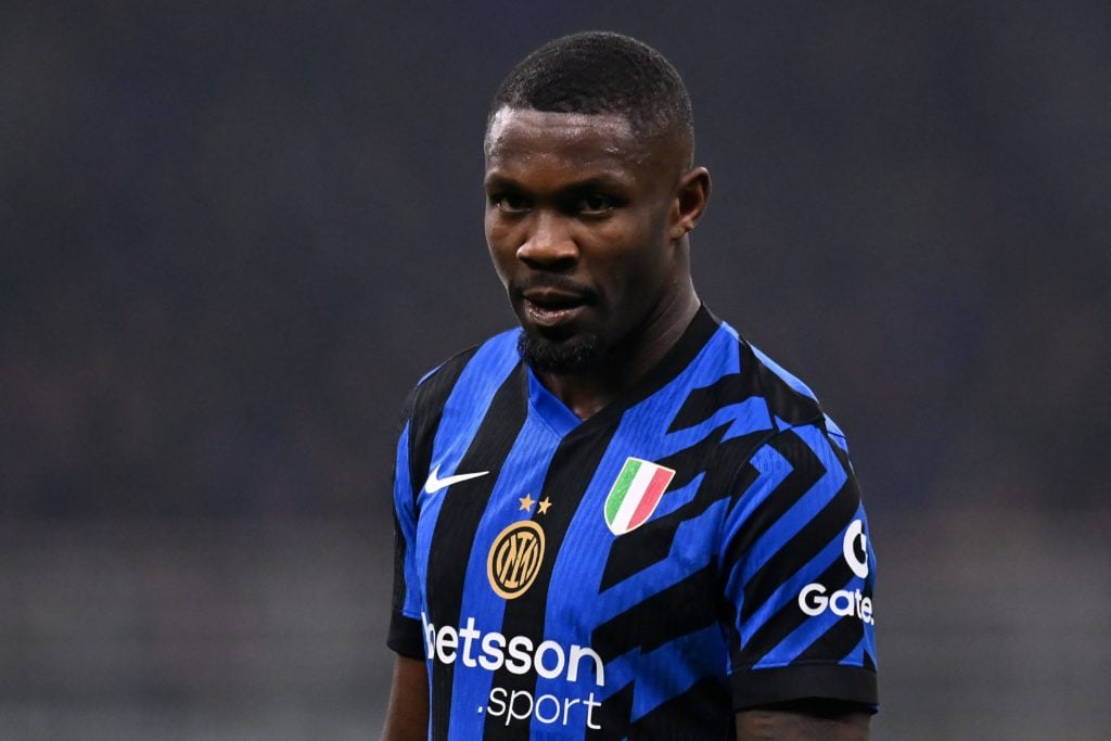 Marcus Thuram of FC Internazionale during the Serie A match between FC Internazionale and Napoli at Stadio Giuseppe Meazza on November 10, 2024 in ...