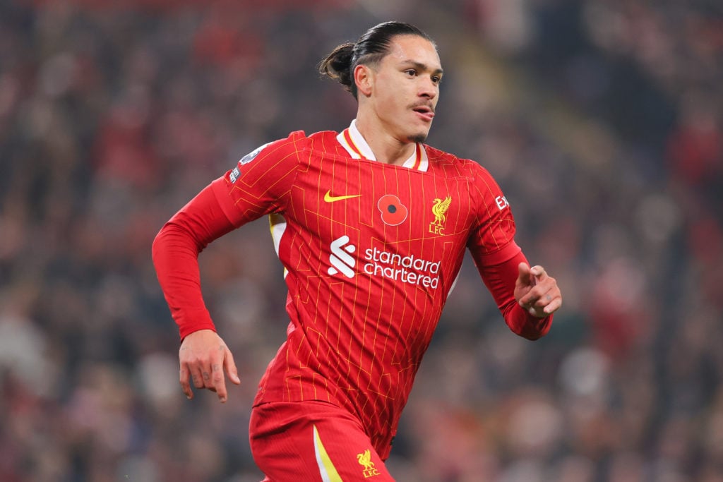 Darwin Nunez of Liverpool during the Premier League match between Liverpool FC and Aston Villa FC at Anfield on November 09, 2024 in Liverpool, Eng...