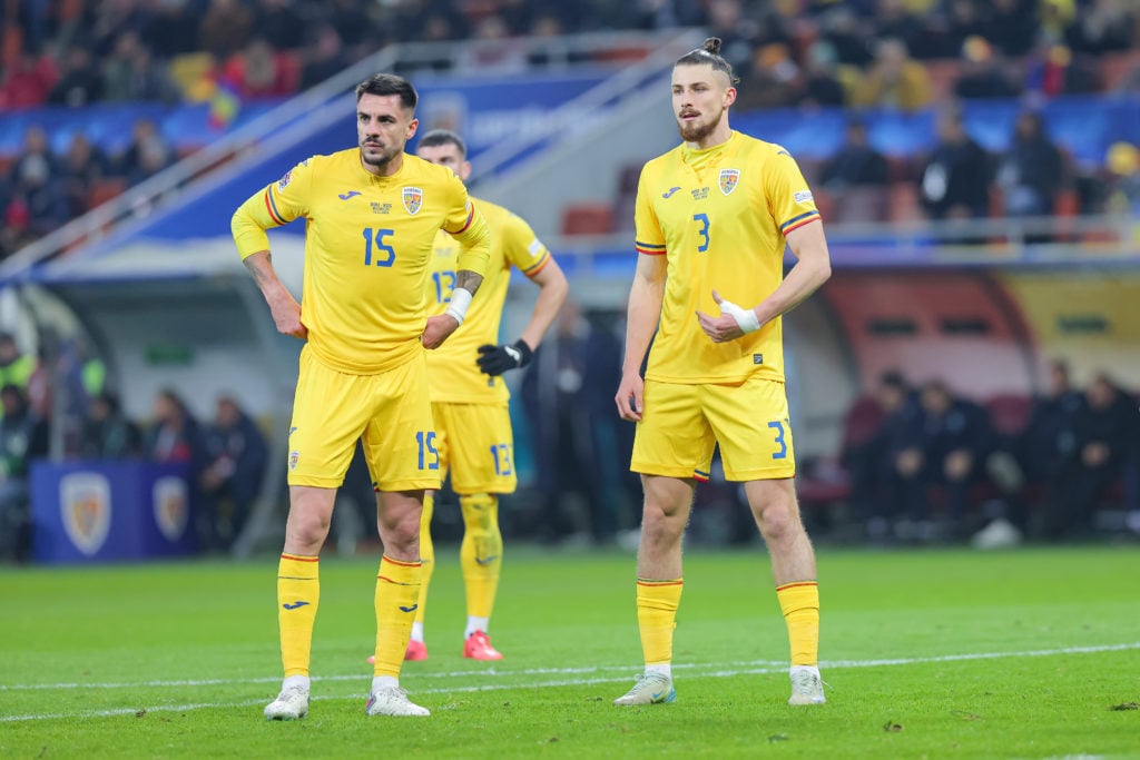 Andrei Burca (L) of Romania and his teammte Radu Dragusin are seen during the UEFA Nations League 2024/25 League C Group C2 match between Romania a...