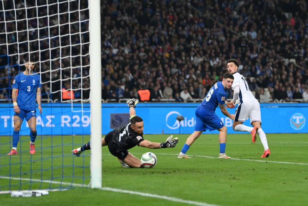 Curtis Jones of England scores his team's third goal during the UEFA Nations League 2024/25 League B Group B2 match between Greece and England at A...