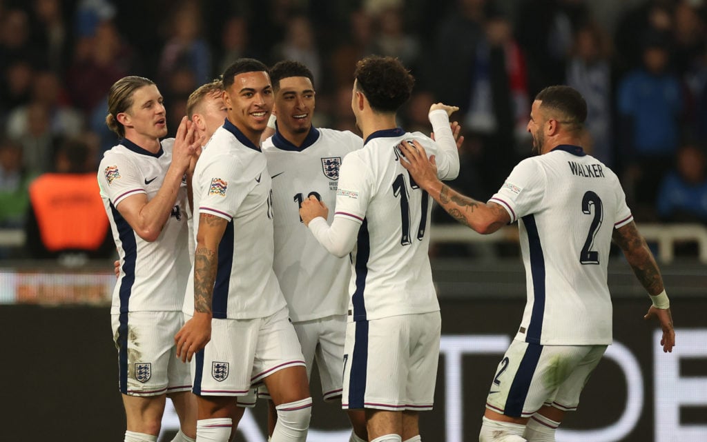 Players of England celebrate their team's second goal, an own-goal scored by Odysseas Vlachodimos of Greece (not pictured) during the UEFA Nations ...