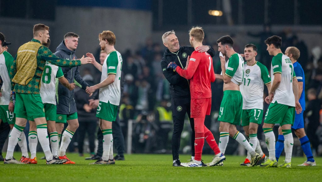 NOVEMBER 14:   Goalkeeper  Caoimhin Kelleher #1 of the Republic of Ireland is congratulated at the end of the match after his miraculous double sav...