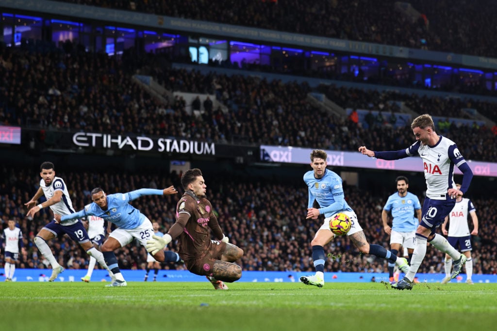 James Maddison of Tottenham Hotspur scores a goal to make it 0-2 during the Premier League match between Manchester City FC and Tottenham Hotspur F...