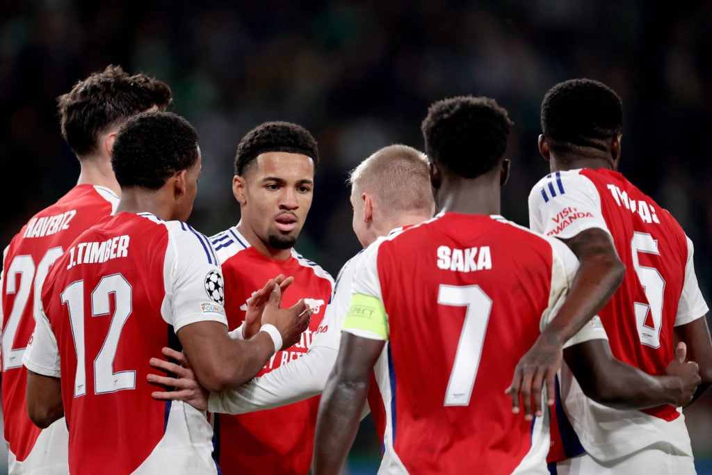 Leandro Trossard of Arsenal celebrating 1-5 with Thomas Partey of Arsenal, Bukayo Saka of Arsenal, Kai Havertz of Arsenal, Jurrien Timber of Arsena...