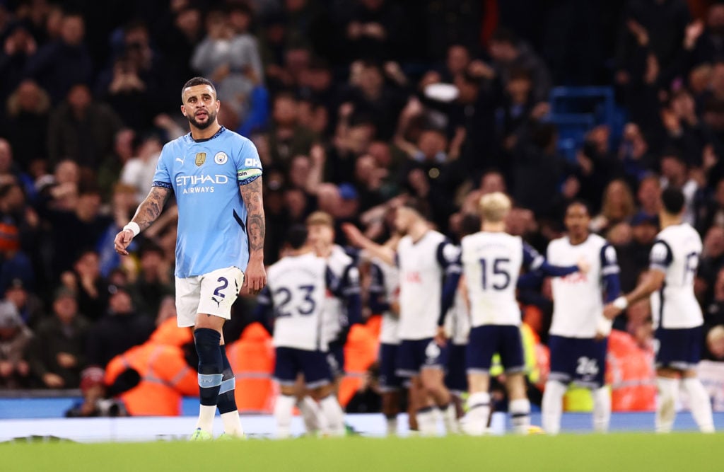 Kyle Walker of Manchester City looks dejected after Brennan Johnson of Tottenham Hotspur (not pictured) scores his team's fourth goal during the Pr...