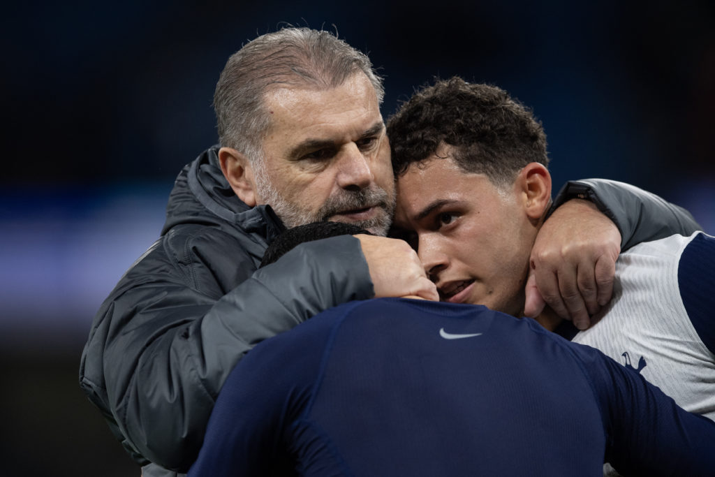 Ange Postecoglou and Brennan Johnson after Manchester City v Tottenham Hotspur in the Premier League