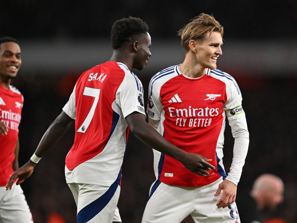 Martin Odegaard and Bukayo Saka celebrate Arsenal's 2nd goal during the Premier League match between Arsenal FC and Nottingham Forest FC at Emirate...