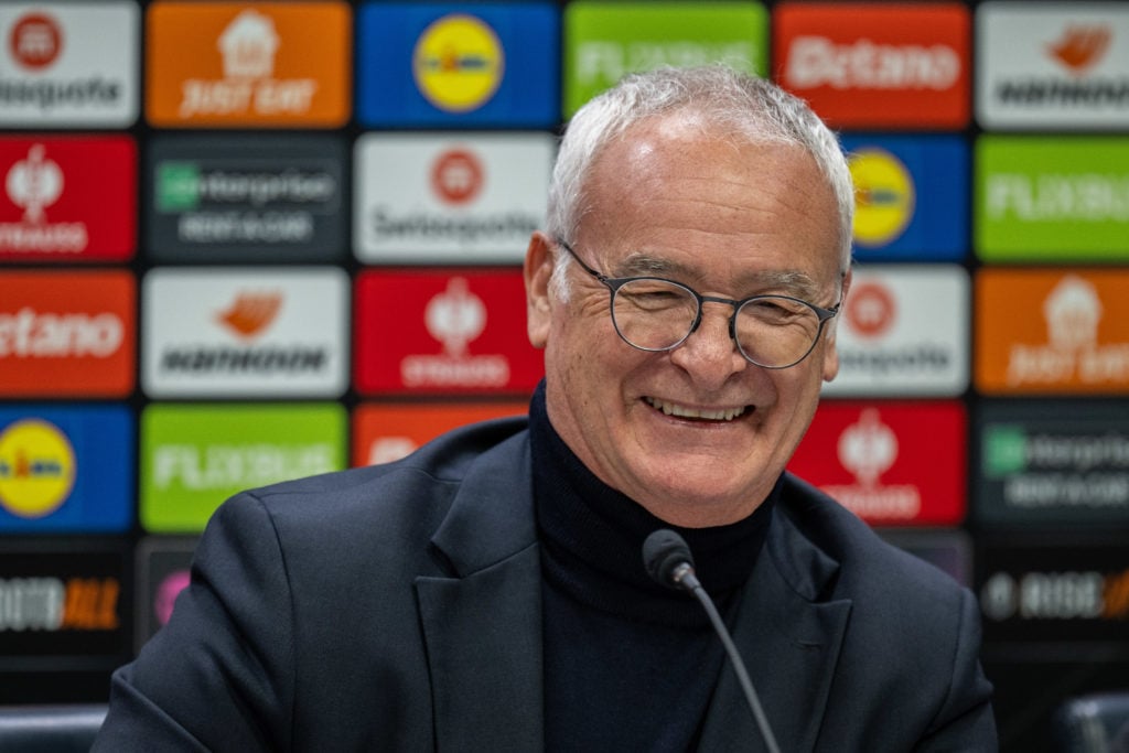 Claudio Ranieri, the manager of AS Roma speaks to the media during the UEFA Europa League 2024/25 League Phase MD5 training and press conference at...