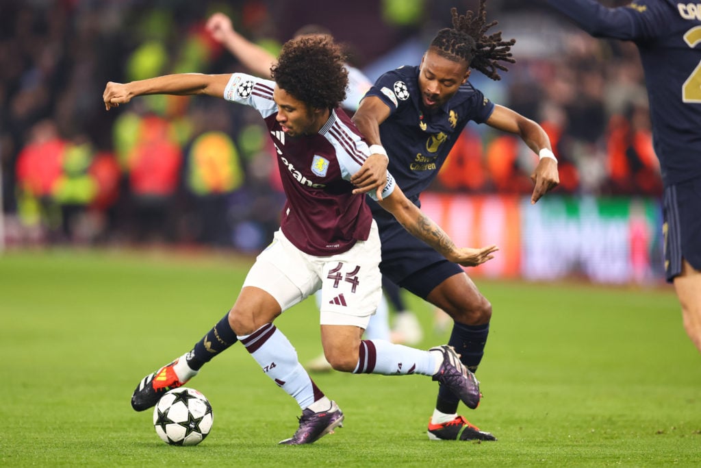 Boubacar Kamara of Aston Villa and Khephren Thuram of Juventus during the UEFA Champions League 2024/25 League Phase MD5 match between Aston Villa ...