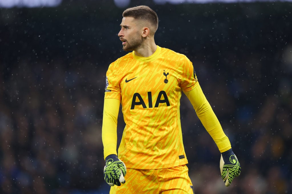 Guglielmo Vicario of Tottenham Hotspur during the Premier League match between Manchester City FC and Tottenham Hotspur FC at Etihad Stadium on Nov...