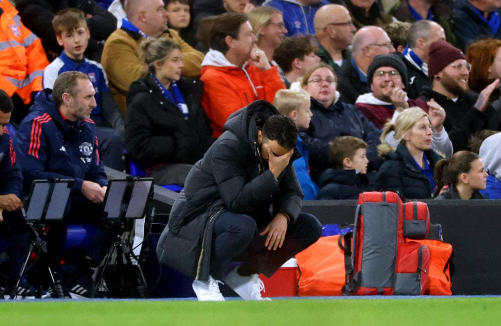 Ruben Amorim, Head Coach of Manchester United, reacts during the Premier League match between Ipswich Town FC and Manchester United FC at Portman R...