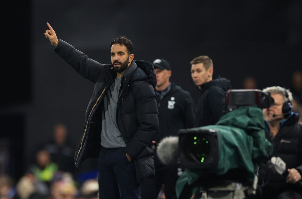 Ruben Amorim, Head Coach of Manchester United, gestures during the Premier League match between Ipswich Town FC and Manchester United FC at Portman...