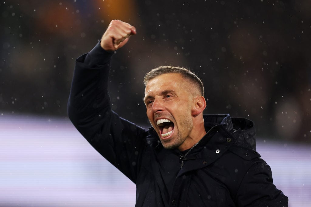 Gary O'Neil, head coach of Wolverhampton Wanderers shows appreciation to the fans following victory in the Premier League match between Fulham FC a...