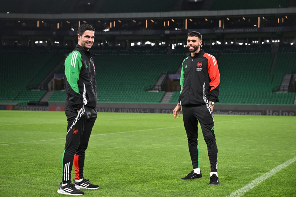 (L) Arsenal manager Mikel Arteta and (R) goalkeeper David Raya before the UEFA Champions League 2024/25 League Phase MD5 press conference at Estadi...