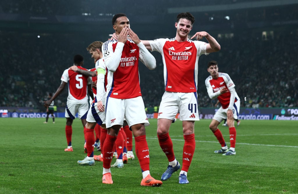 Gabriel of Arsenal celebrates scoring his team's third goal with teammate Declan Rice during the UEFA Champions League 2024/25 League Phase MD5 mat...