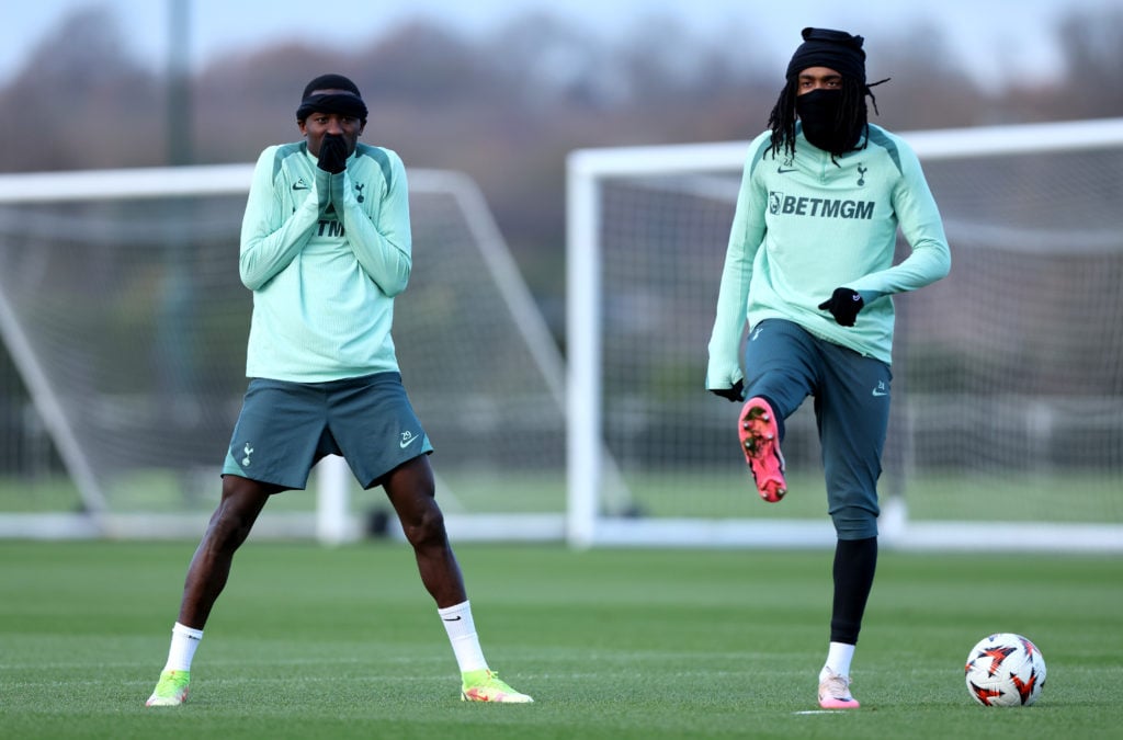 Pape Matar Sarr and Djed Spence of Tottenham Hotspur during the UEFA Europa League 2024/25 League Phase MD5 training session at Tottenham Hotspur T...