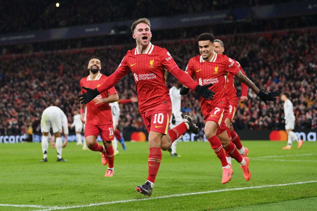 Alexis Mac Allister of Liverpool celebrates scoring his team's first goal during the UEFA Champions League 2024/25 League Phase MD5 match between L...