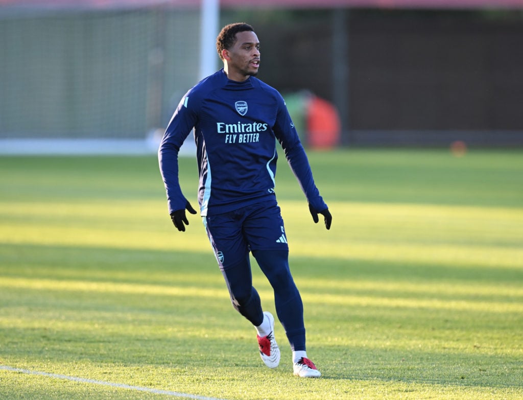 Jurrien Timber of Arsenal during a training session at Sobha Realty Training Centre on November 29, 2024 in London Colney, England.