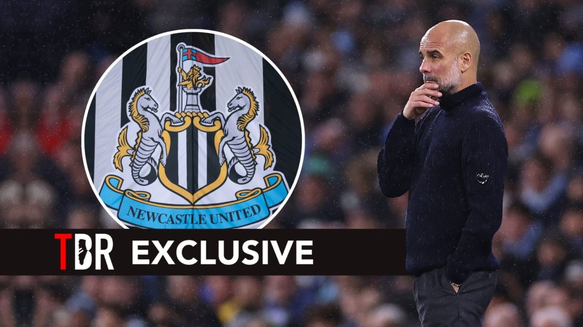Pep Guardiola. Inset, Newcastle United badge.