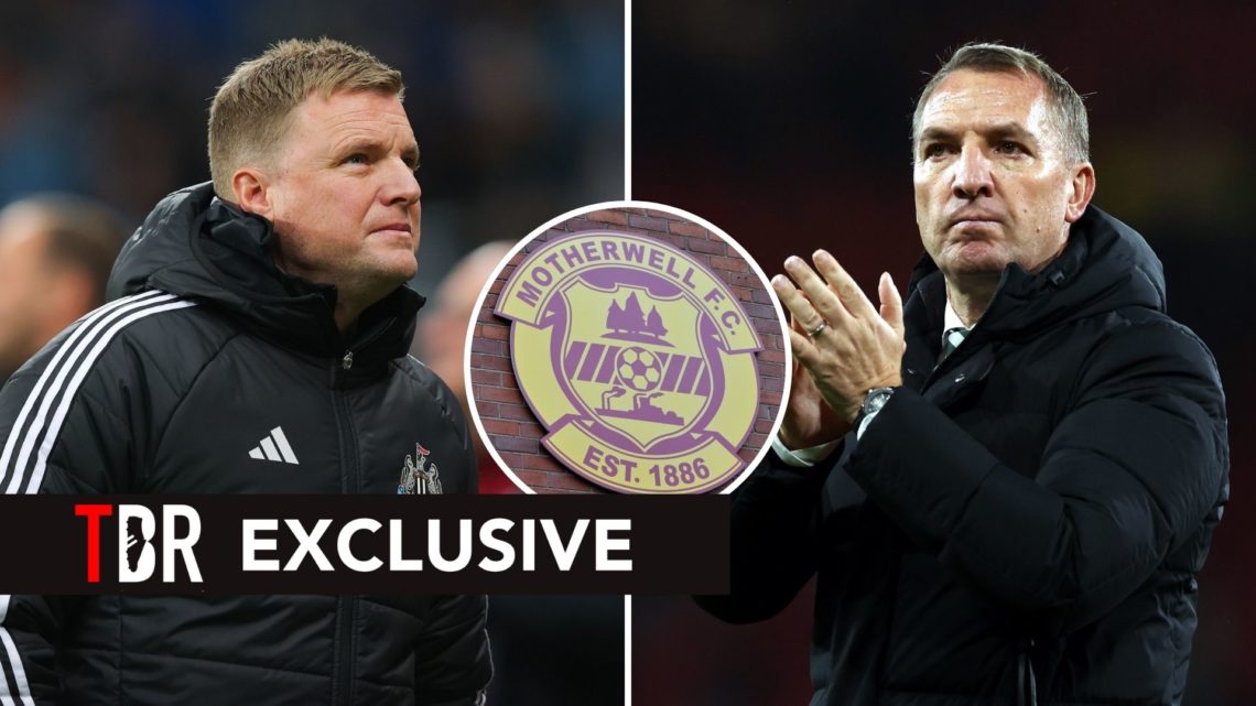 Eddie Howe and Brendan Rodgers. Inset, Motherwell FC badge.