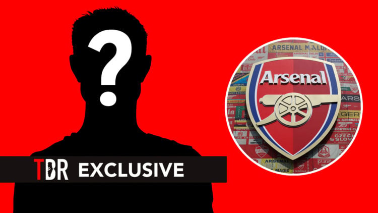 Silhouette of a player. Inset, the Arsenal badge.