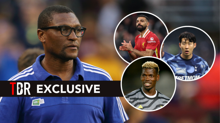 Michael Emenalo with insets of Mo Salah (T), Son Heung-min (M) and Pogba (B) and TBR exclusive banner