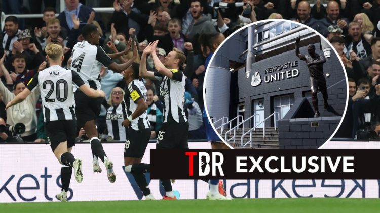 Newcastle players celebrate. Inset, St James' Park.