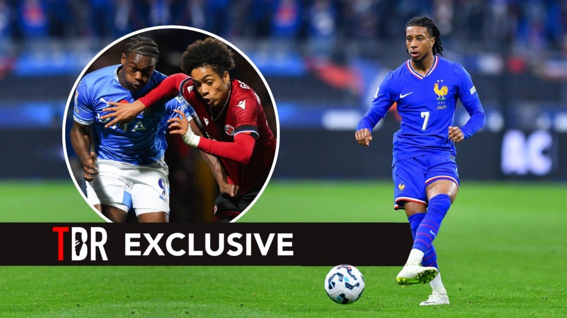 Michael Olise of France passes the ball during the UEFA Nations League 2024/25 League A Group A2 match. Inset, Isaac Olaofe of Stockport County bat...