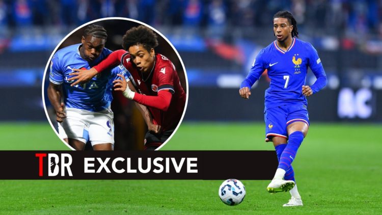 Michael Olise of France passes the ball during the UEFA Nations League 2024/25 League A Group A2 match. Inset, Isaac Olaofe of Stockport County bat...