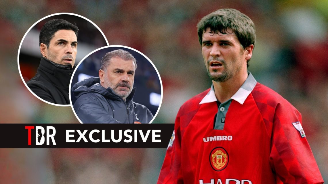 Roy Keane for Manchester United. Inset, Mikel Arteta and Ange Postecoglou.