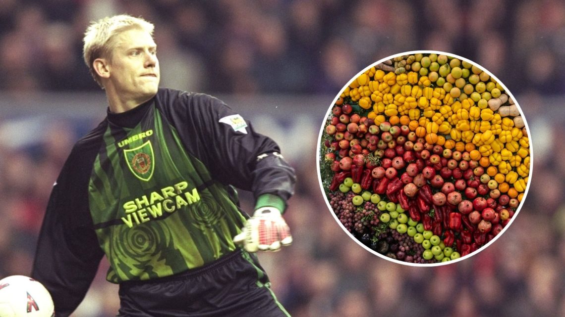 Manchester United goalkeeper Peter Schmeichel throws the ball out. Inset, a wall of fruit and vegetables.