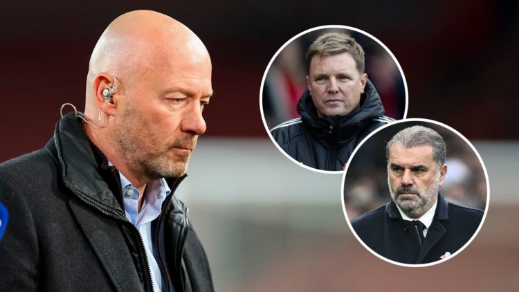 Alan Shearer. Inset, Ange Postecoglou and Eddie Howe.
