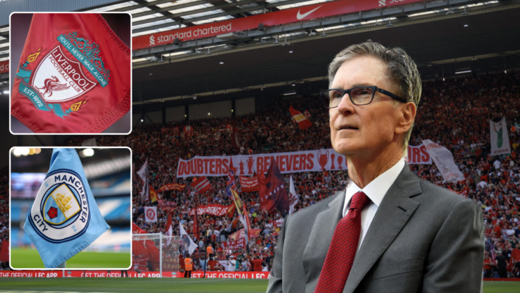 FSG (Fenway Sports Group) principle owner John Henry, Anfield, Liverpool badge, Manchester City badge