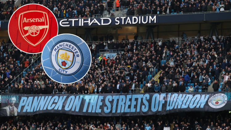 Arsenal and Manchester City badges, Lord Pannick banner