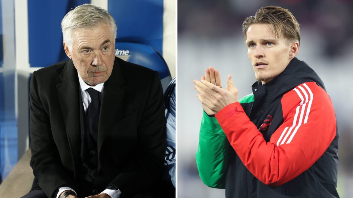 Split image of Carlo Ancelotti and Martin Odegaard.